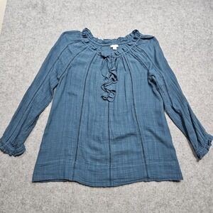 Sundance  Boho Peasant Top Blue Long Sleeve Ruffle Neckline Medium